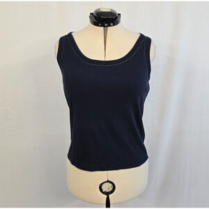 Talbots Tank Top Women's L Navy Blue White Stitching Accent Scoop Neckline